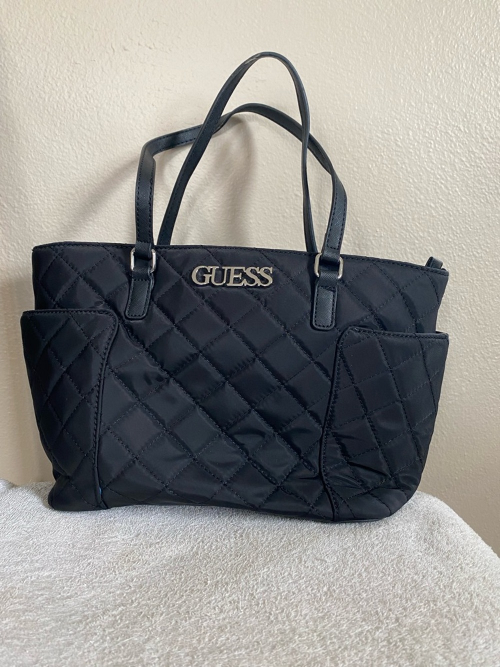 GUESS Black Quilted Tote with Exterior Pockets
